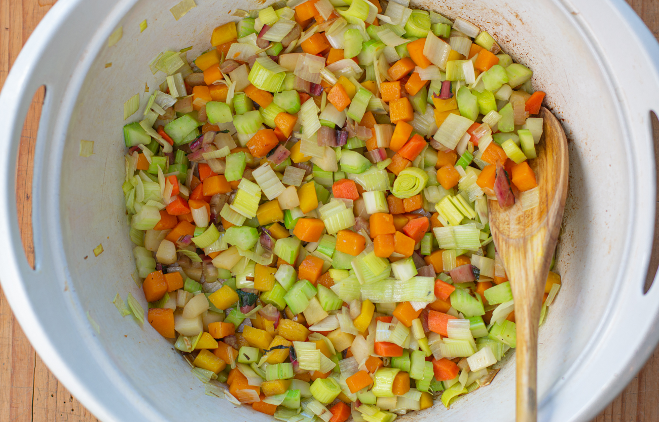 Add the rest of the Veggies in the soup pot for Fall Vegetable Soup with Lentils & Buckwheat