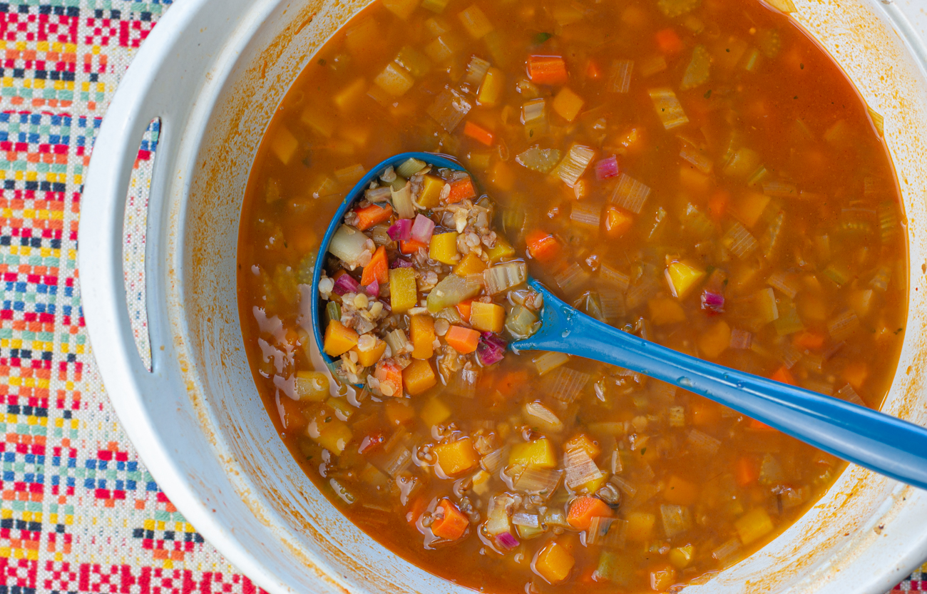 Fall Vegetable Soup with Lentils & Buckwheat in Soup Pot 