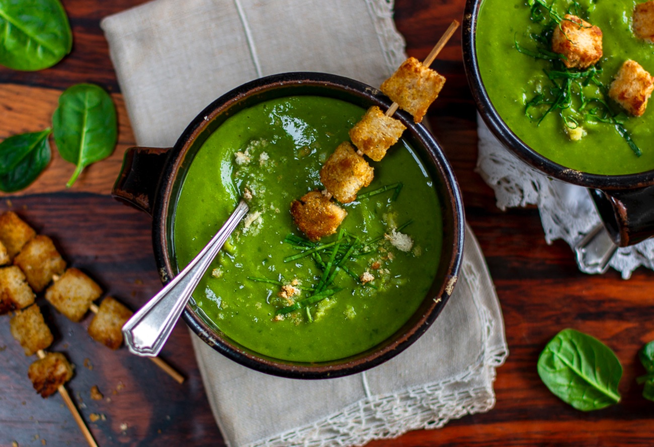 Spinach and Parsnip Soup with a Crispy Crouton Skewer