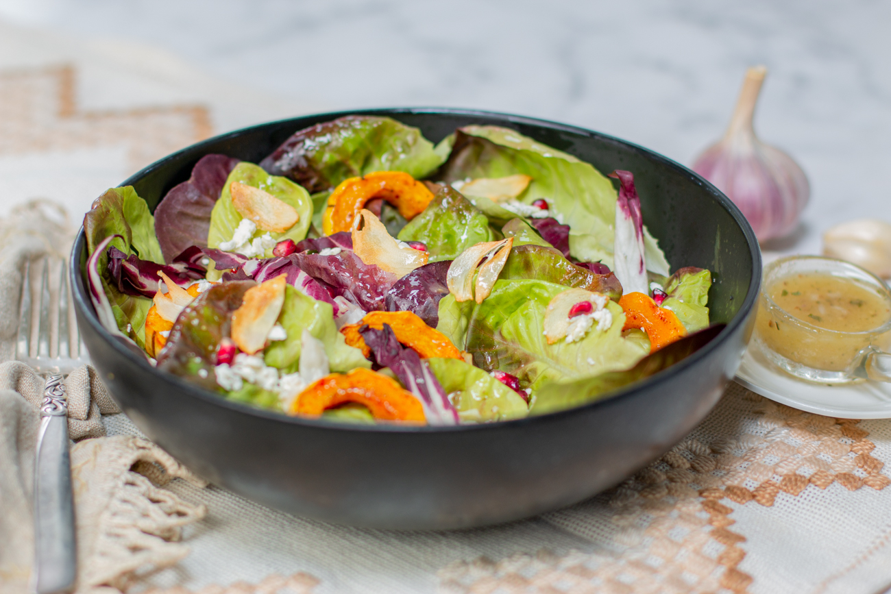 Karen's Garlic-Garlic Vinaigrette with a fall salad and Garlic Crisps 