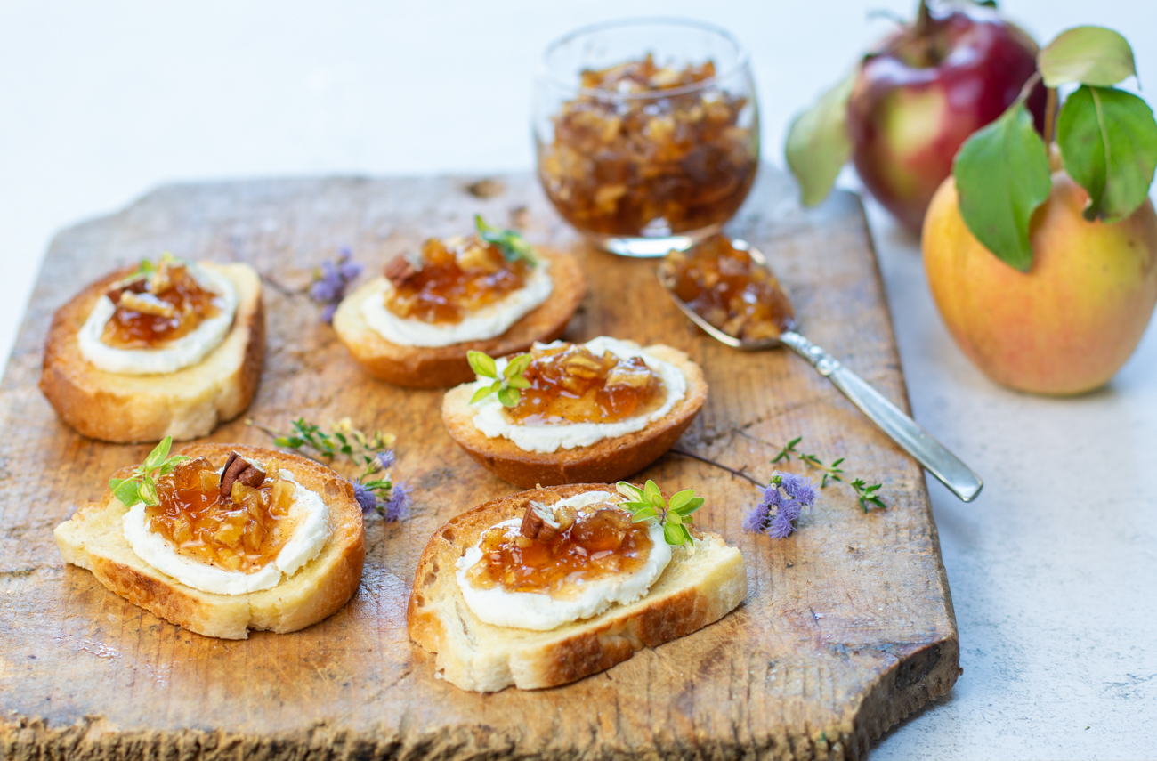 Karen's Chunky Apple Maple Jelly on Goat Cheese Crostini ~ I'm serving on a Vintage Cutting Board