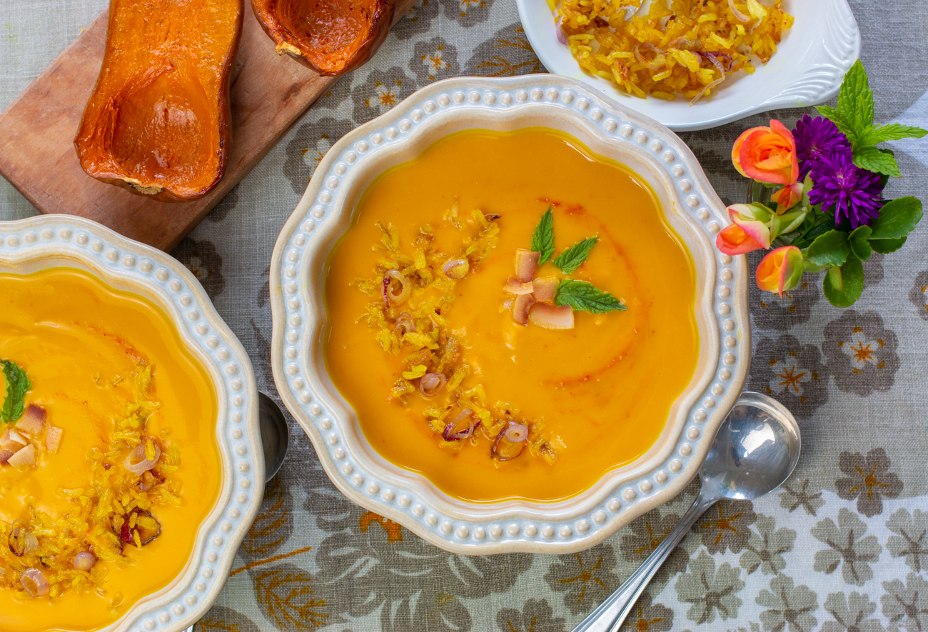 Thai Inspired Honeynut Squash Soup with Toasted Rice Garnish