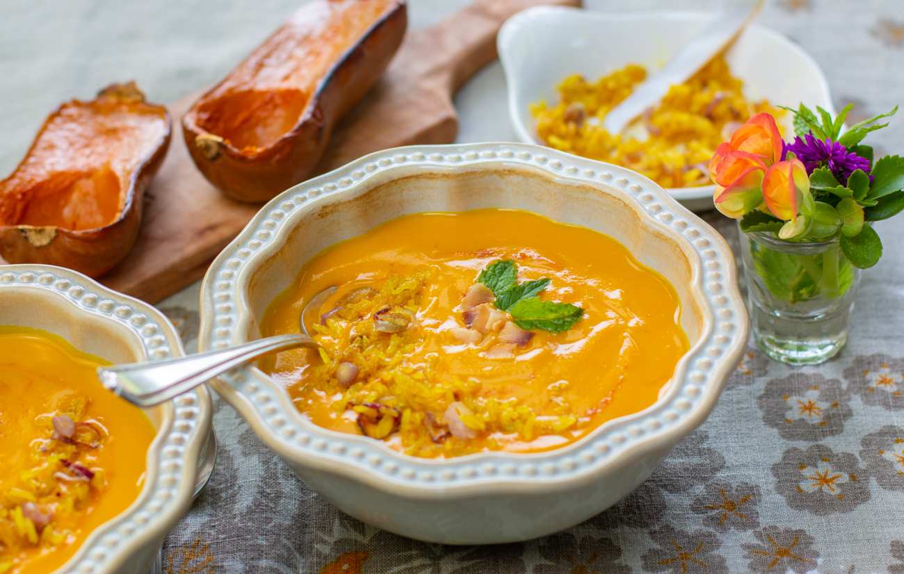 Thai Inspired Honeynut Squash Soup with a Toasted Rice Garnish 