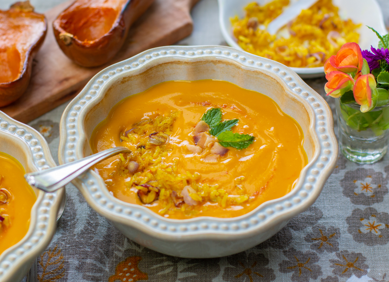 Thai Inspired Honeynut Squash Soup with a Toasted Rice Garnish