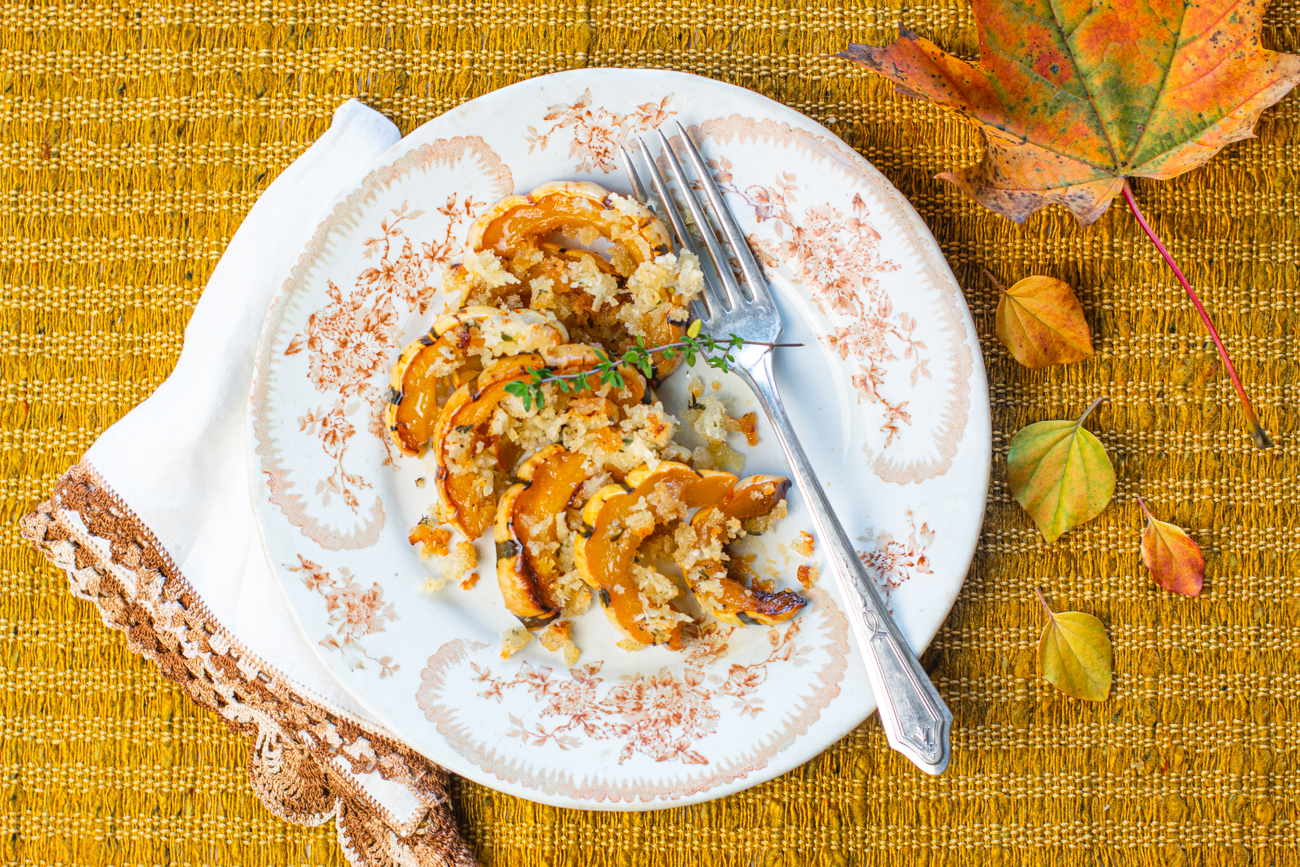 Delicata Squash Bake with Cider Reduction and Parmesan Bread Crumbs