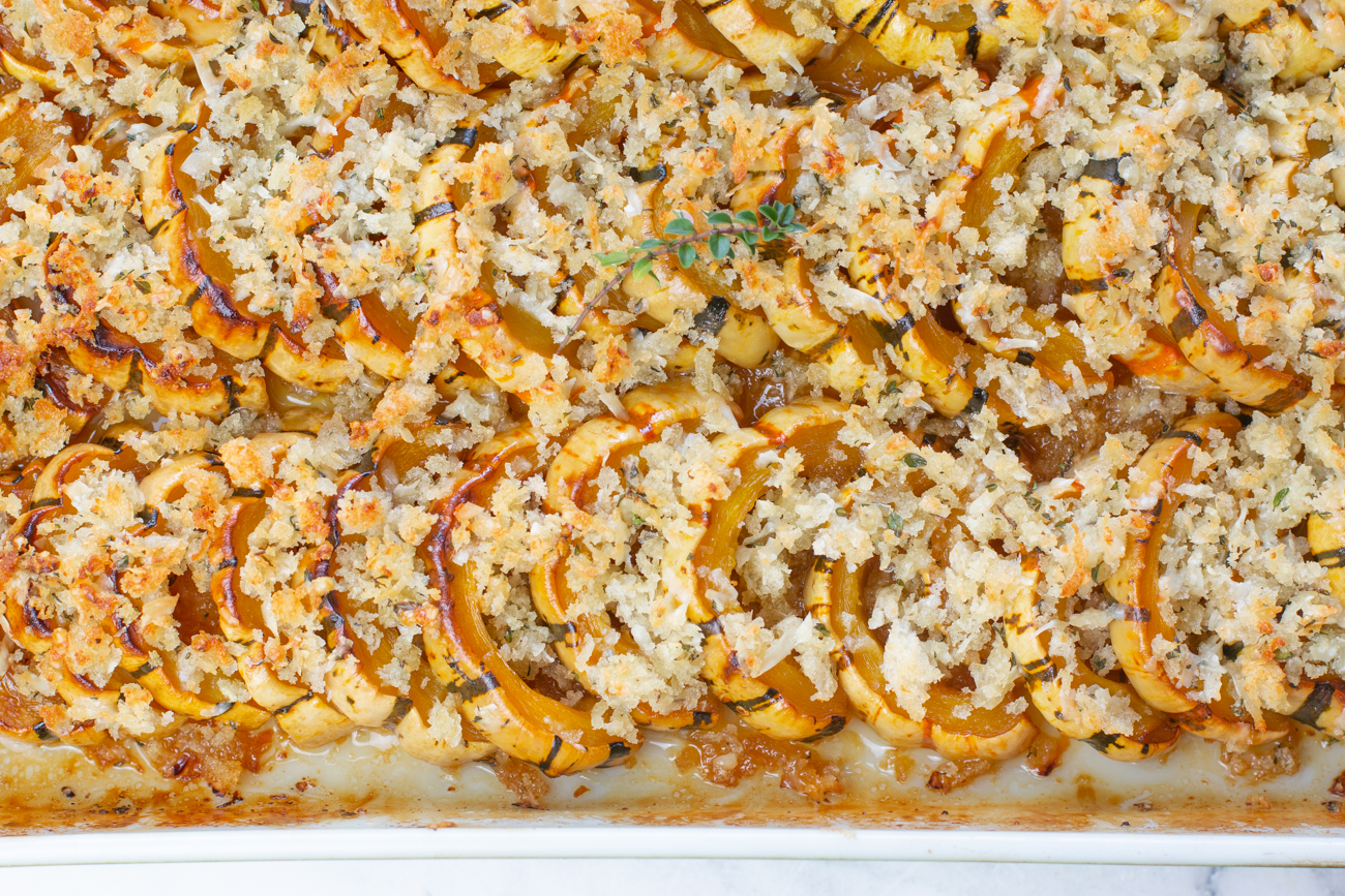 Delicata Squash Bake with Parmesan Breadcrumbs out of the oven 