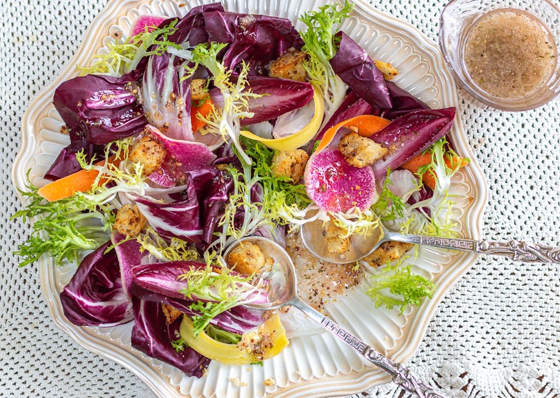 Radicchio Salad with Mustard Croutons and Grainy Mustard Vinaigrette