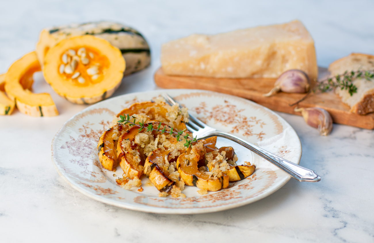 Delicata Squash Bake with Cider Reduction and Parmesan Breadcrumbs Recipe