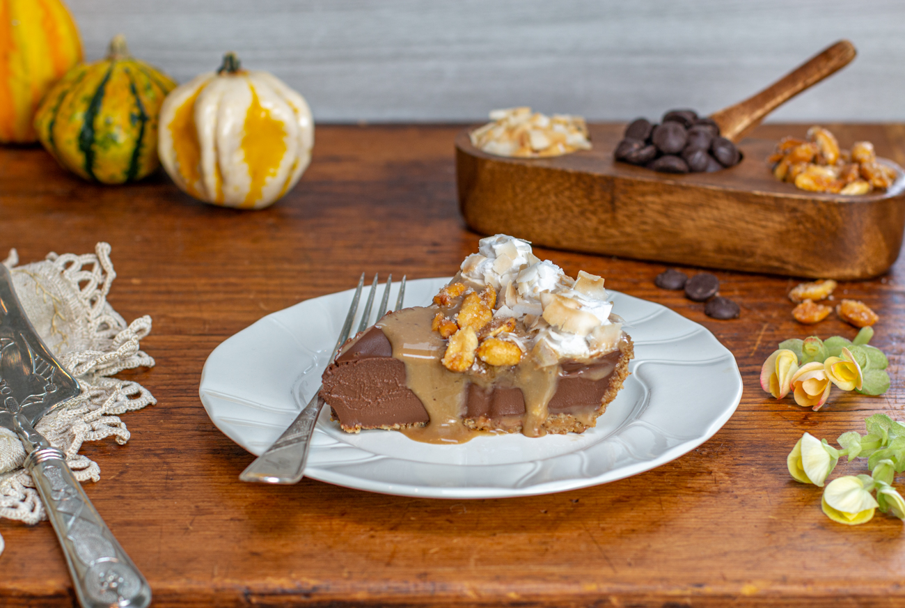 A yummy slice of the Chocolate-Caramel Pie with Granola Coconut Crust