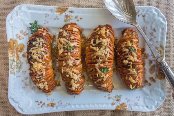 Hasselback Sweet Potatoes with Aged Gouda - Maple Syrup Glaze