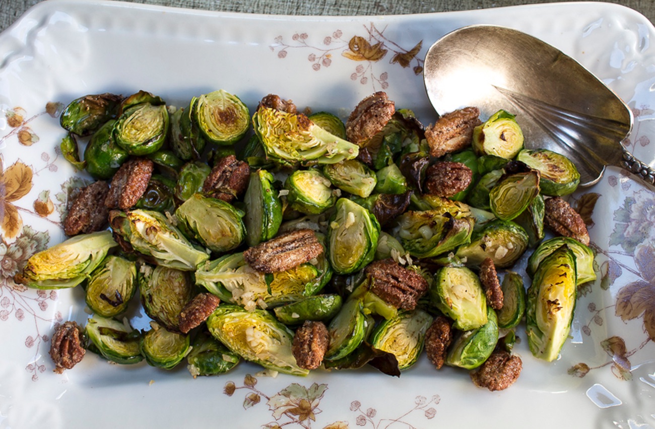 Roasted Brussel Sprouts with Spiced Candied Pecans