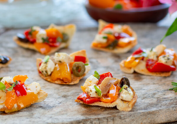Mediterranean Slow-Baked Appetizer with Feta, Colorful Peppers, Olives & Garlic