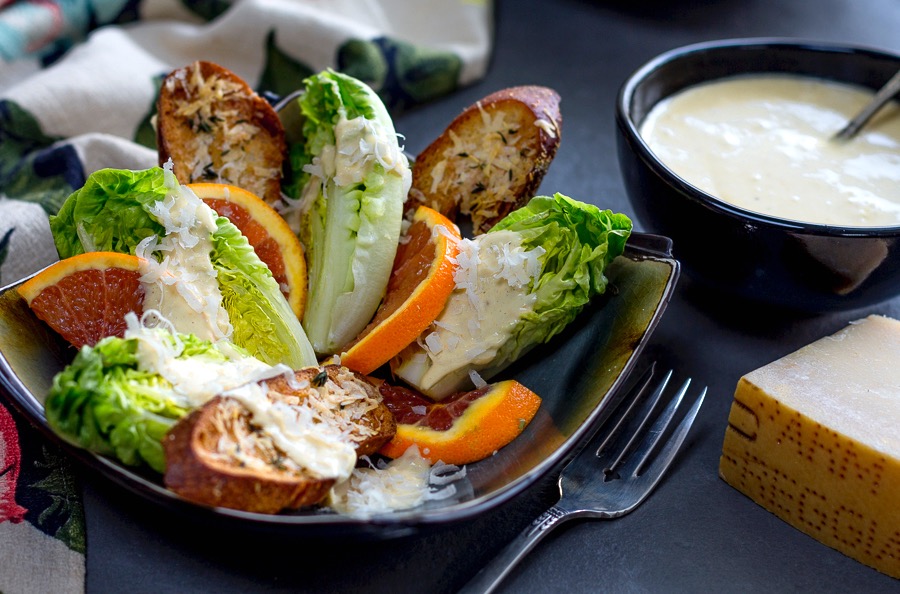 Little Gem Salad with Cara Cara Caesar-ish Dressing with Garlic Parmesan Toasts