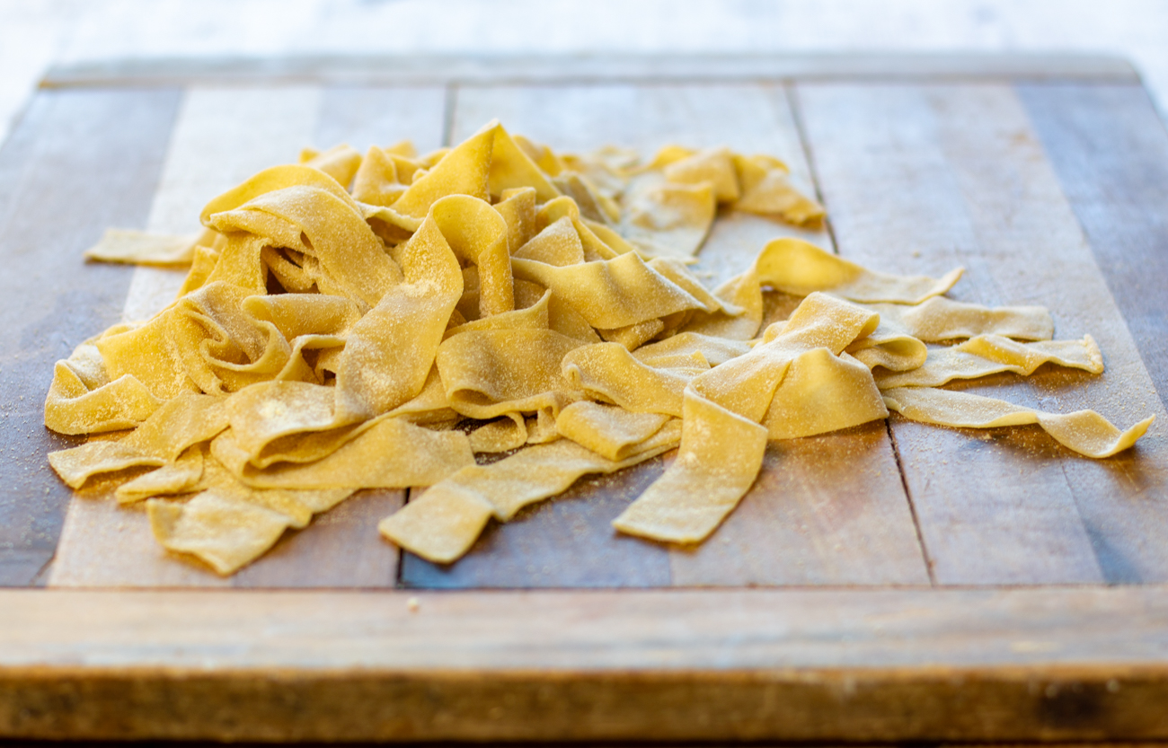 Homemade Egg Pasta - cut super thick, about 1" wide ribbons 