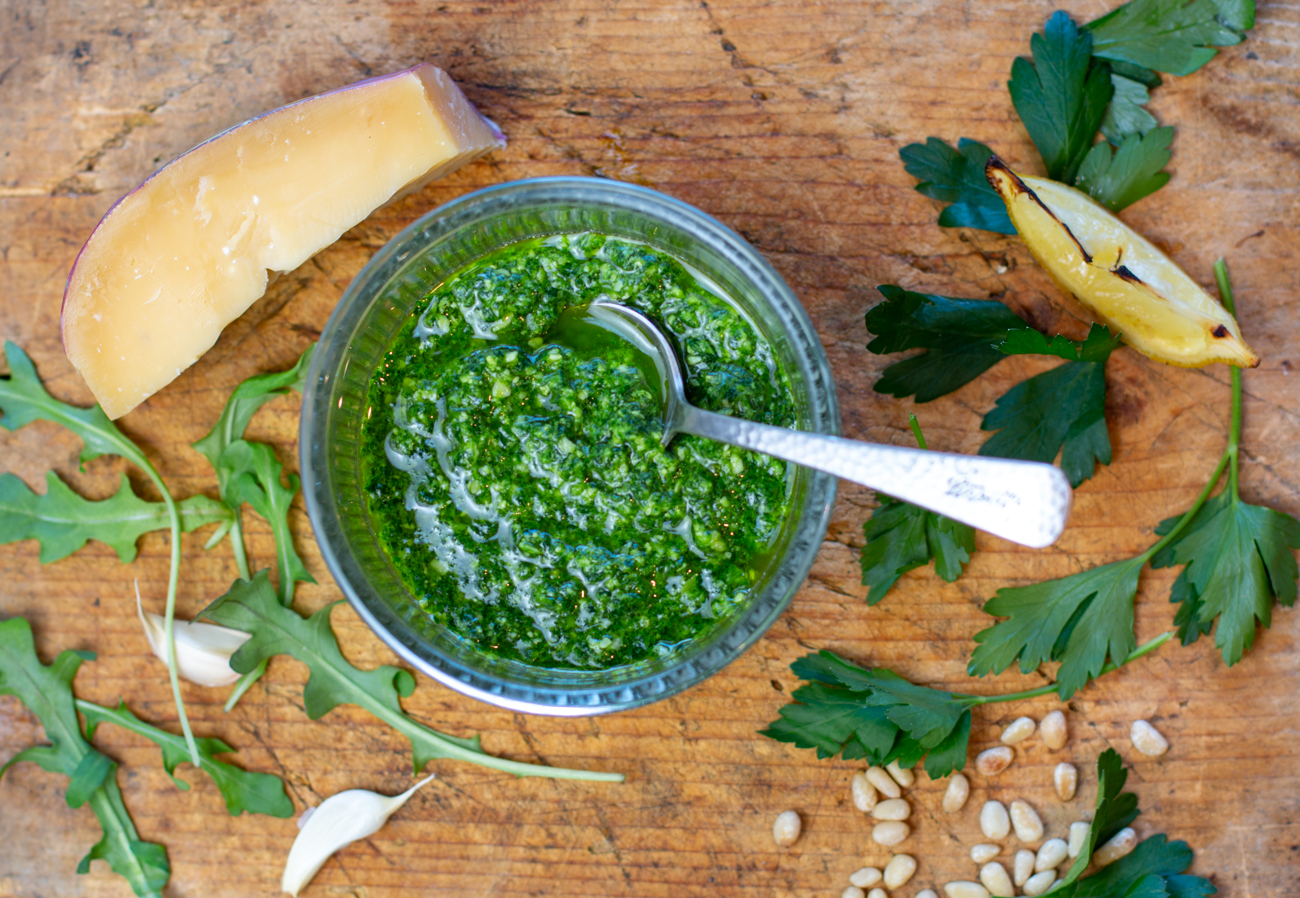 The finished Arugula + Parsley Winter Pesto