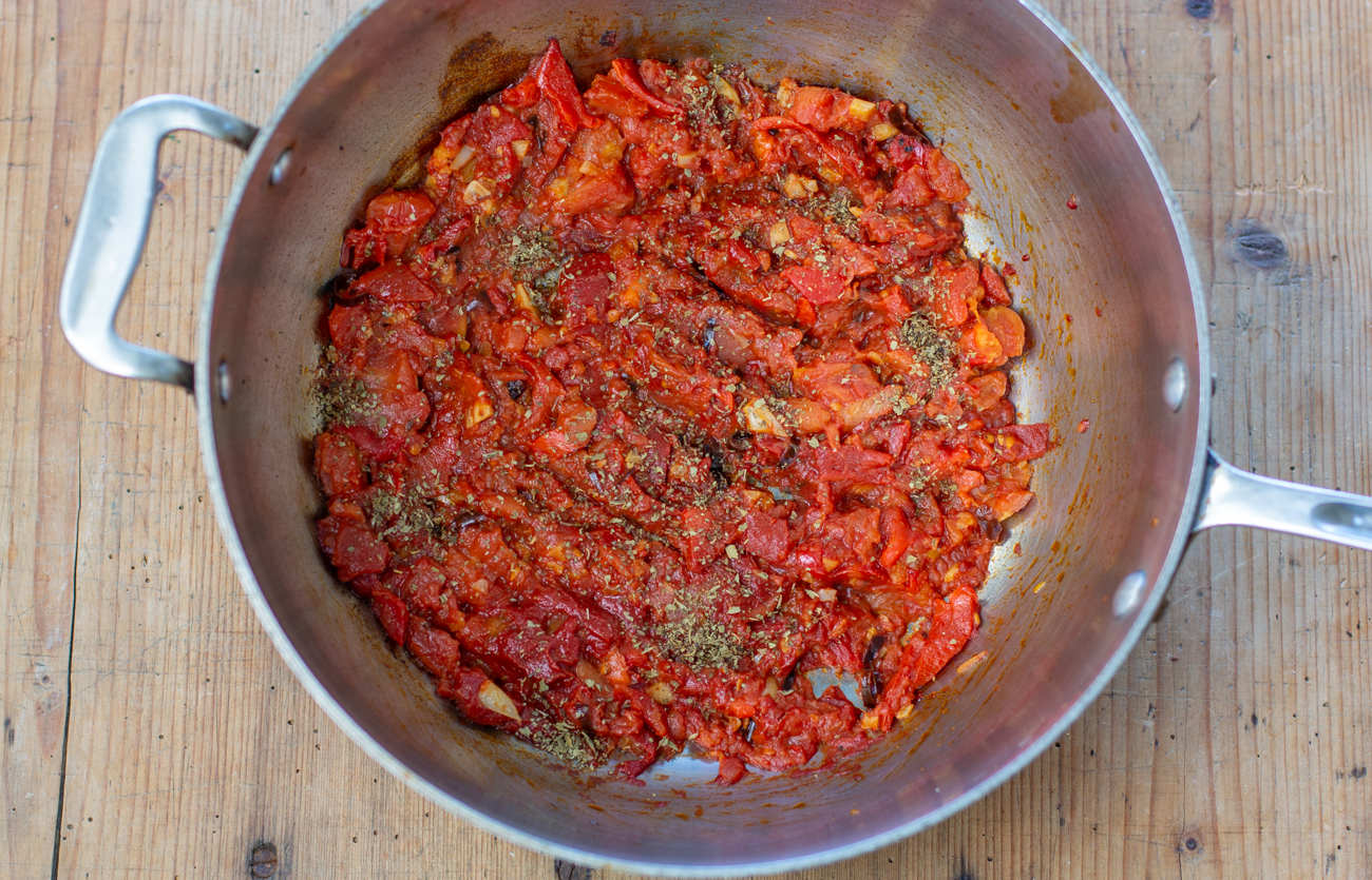 The finished Roasted Pepper and Tomato Chili Sauce  - ready to puree in a blender 