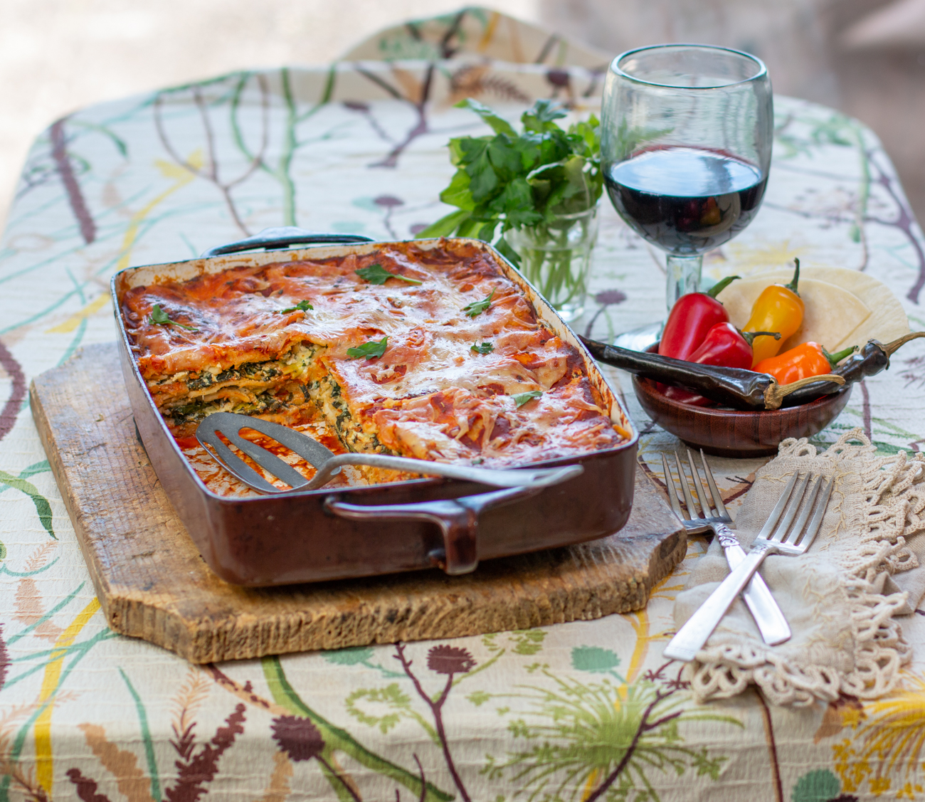 Gluten Free Corn Tortilla “Lasagne” with Green Veggies and Roasted Red Pepper Chile Sauce