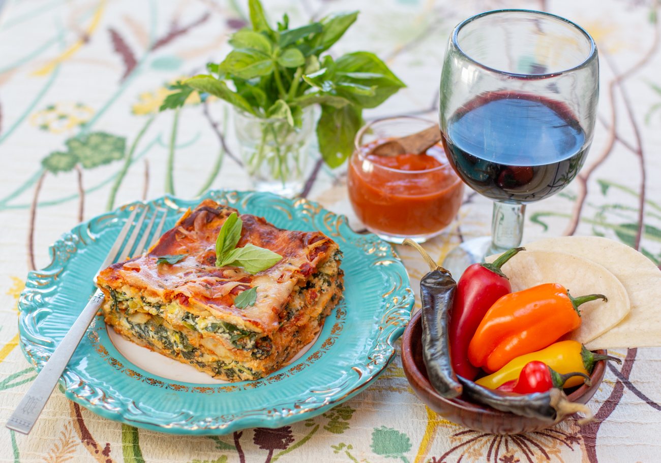 Gluten Free Corn Tortilla “Lasagne” with Green Veggies and Roasted Red Pepper Chili Sauce