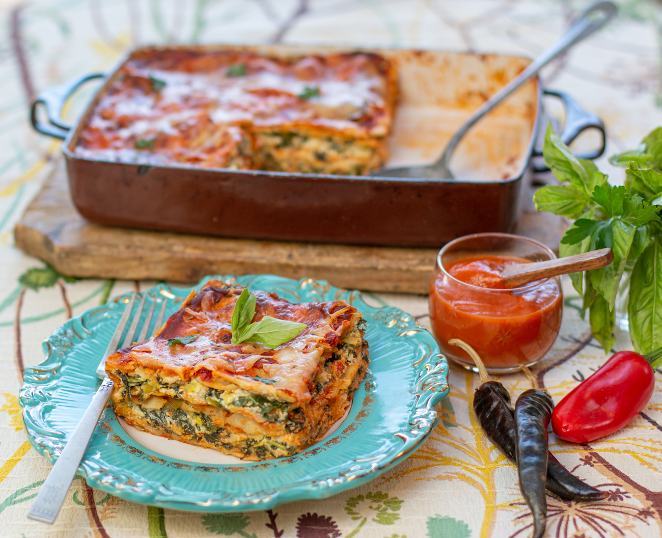 Gluten Free Corn Tortilla “Lasagne” with Green Veggies and Roasted Red Pepper Chili Sauce