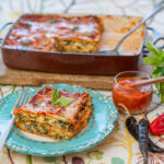 Corn Tortilla "Lasagne" with Green Veggies and Roasted Red Pepper Chili Sauce
