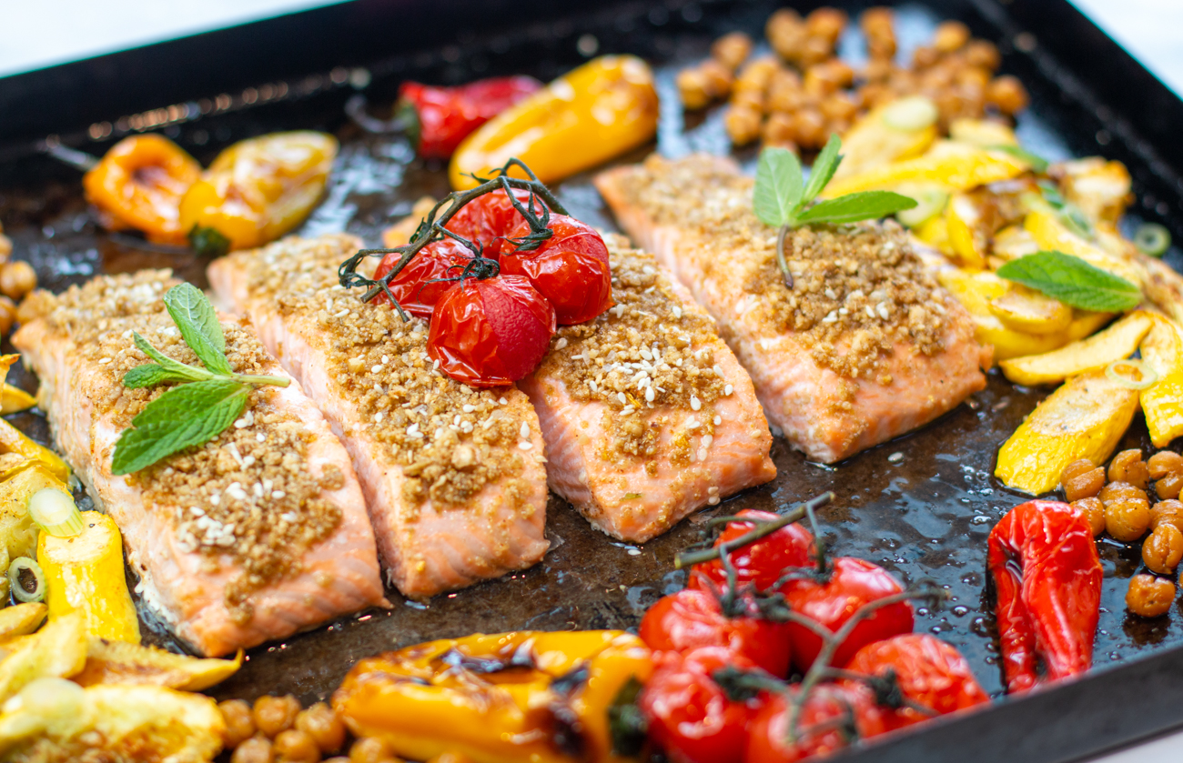 Egyptian Sheet Pan Dukkah Salmon with Veggies & Chickpeas