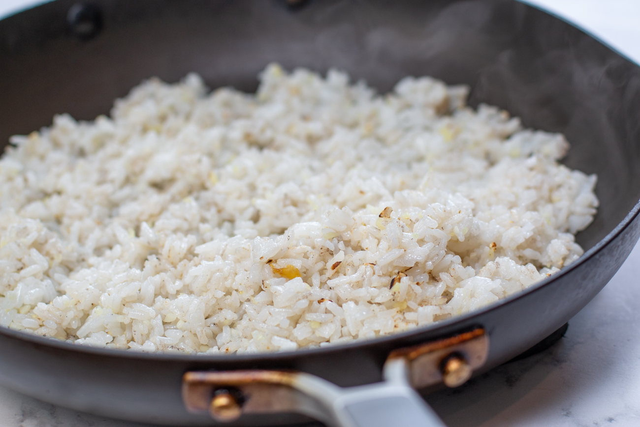 Pan-fry the chilled rice - then add flavoring ingredients 
