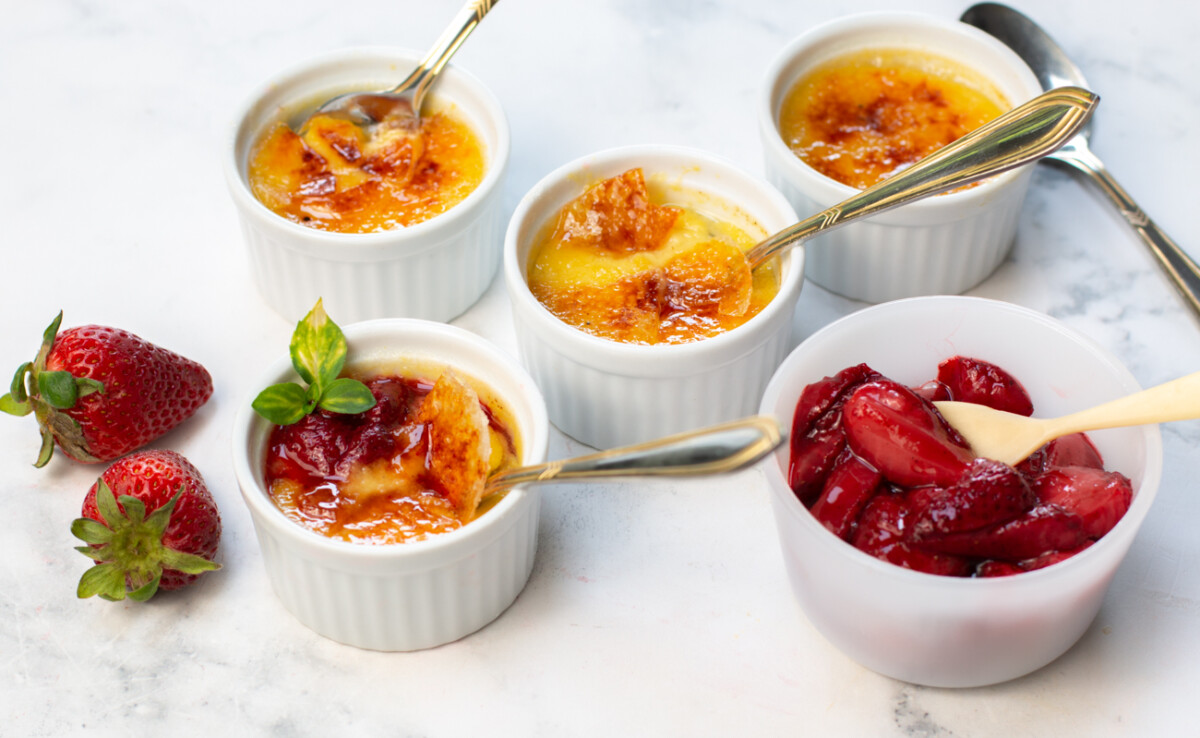 Coconut Milk Crème Brûlée with Roasted Strawberry-Rum Compote