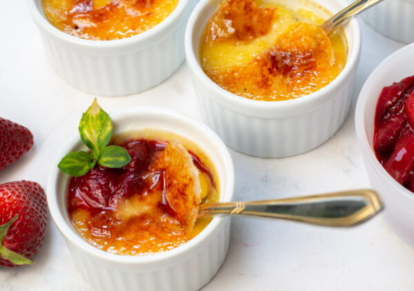 Coconut Milk Crème Brûlée with Roasted Strawberry Compote with Rum