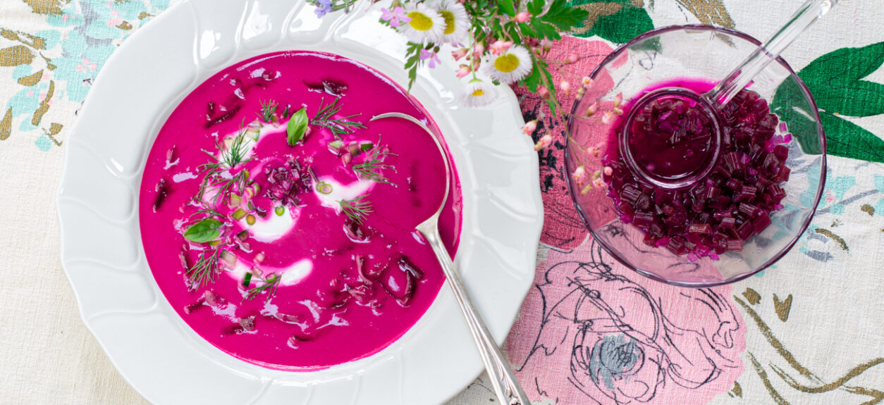 Cool Beet Soup with Kefir and Pickled Beet Stems