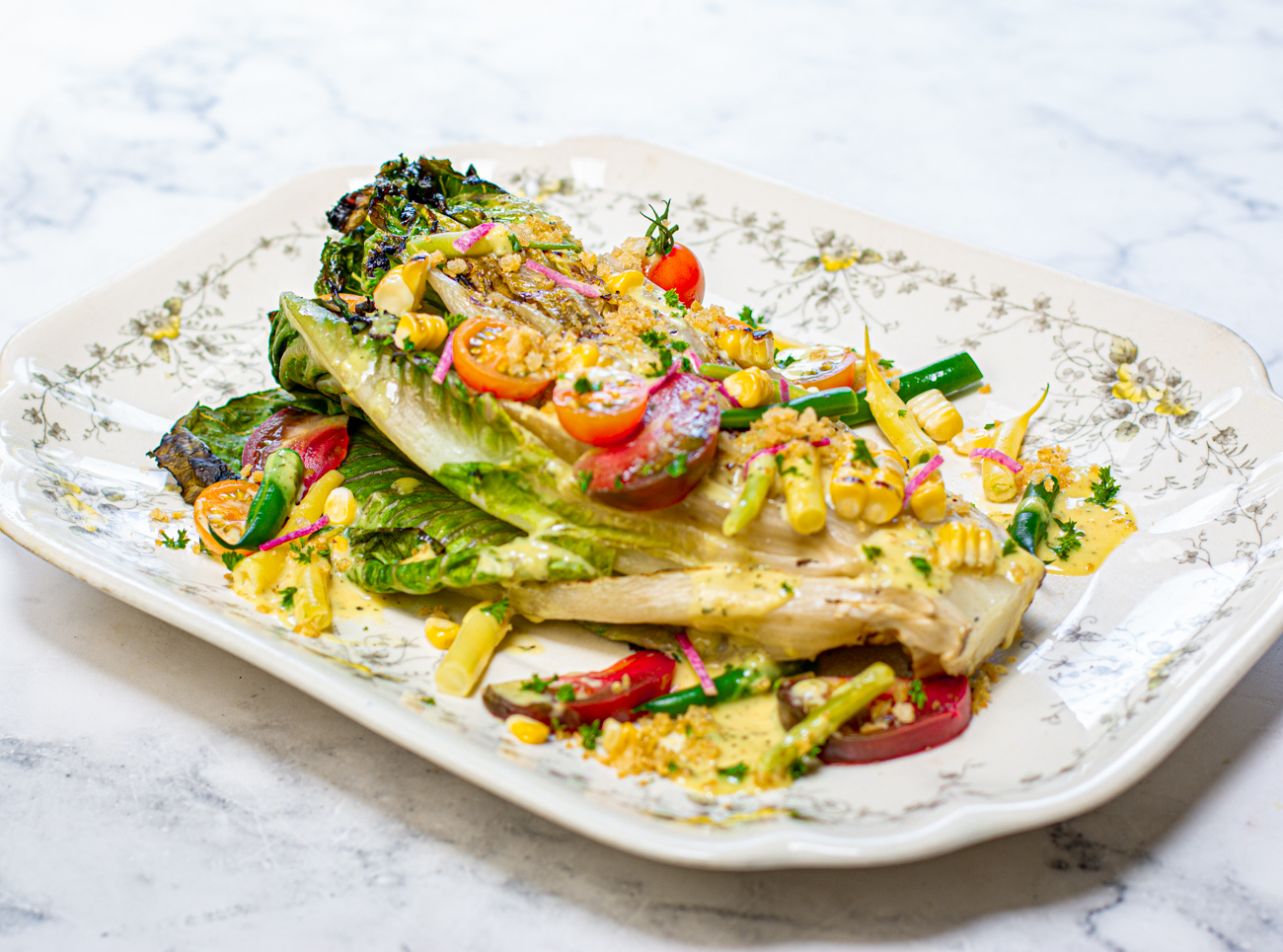 Grilled Romaine Lettuce with Corn, Green Bean & Tomato Salad