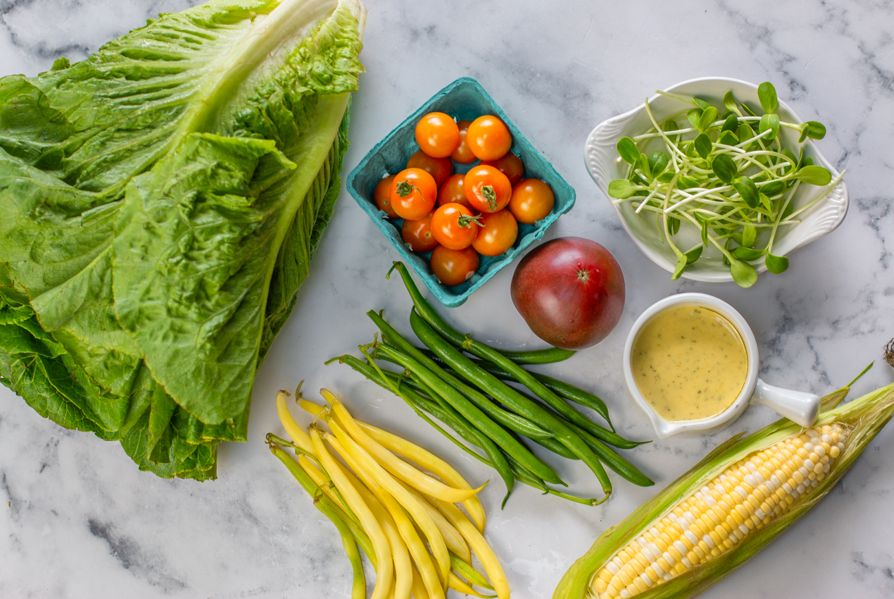 Ingredients for: Grilled Romaine Lettuce with Corn, Green Bean & Tomato Salad with Karen's Lemony Tahini Dressing 