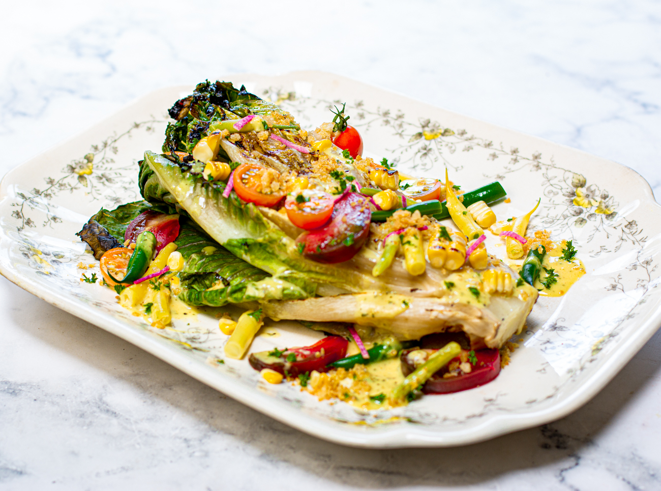 Grilled Romaine Lettuce with Corn, Green Bean & Tomato Salad - all veggies bought at my local farmers' market 