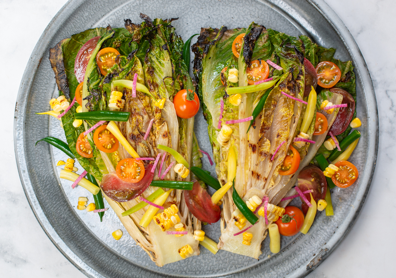 Grilled Romaine Lettuce with Corn, Green Bean & Tomato Salad