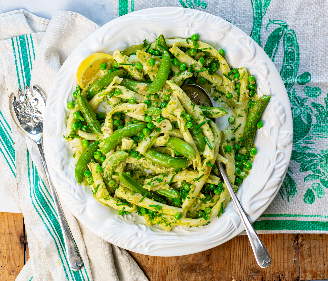 Summer Pasta with Sugar Snap Peas, Fresh English Peas & a Creamy Herbal Vegan Sauce