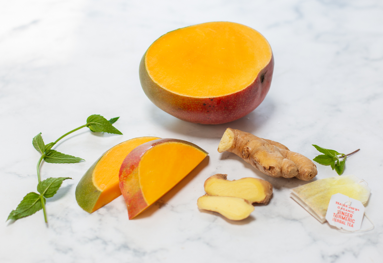 Perfectly ripe mango and fresh ginger for the sorbet 