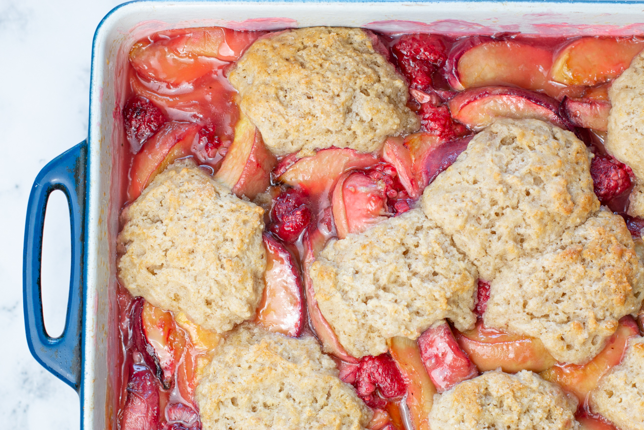 White Peach & Raspberry Cobbler out of the oven 