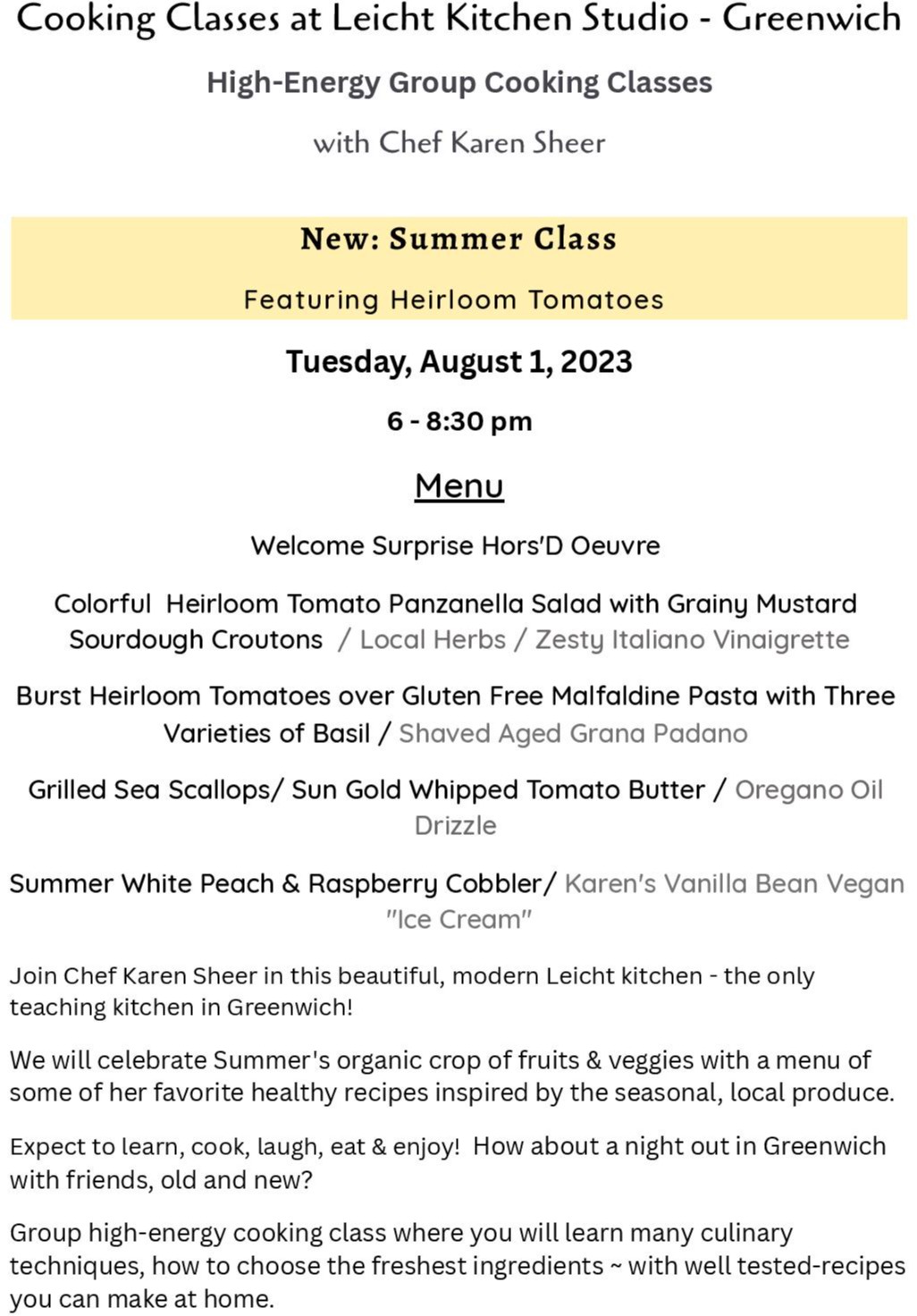 NEW Summer Cooking Class August 1, 2023 Leicht Greenwich