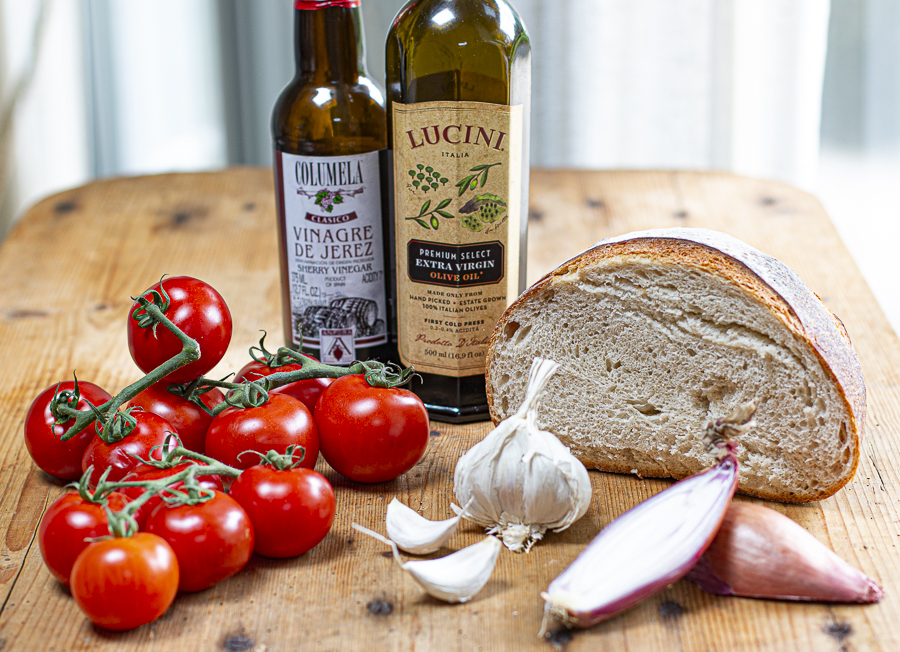 Ingredients for: Cold Tomato Bread Soup with Basil (Karen’s take on “Salmorejo”)