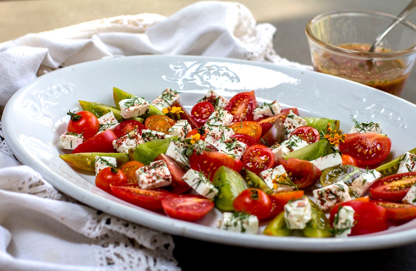 Simple Tomato & Feta Salad with Dill and Radish Vinaigrette