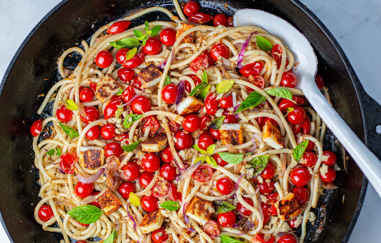 Candyland Marinated Tomatoes with Pasta & Halloumi Cheese