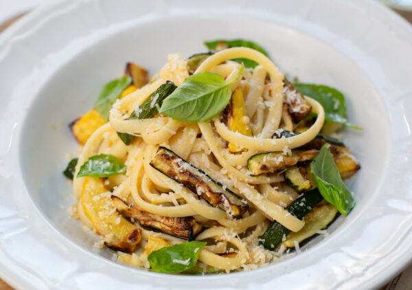 A finished serving of Karen's Spaghetti alla Nerano: Zucchini & Pasta Lightened-Up