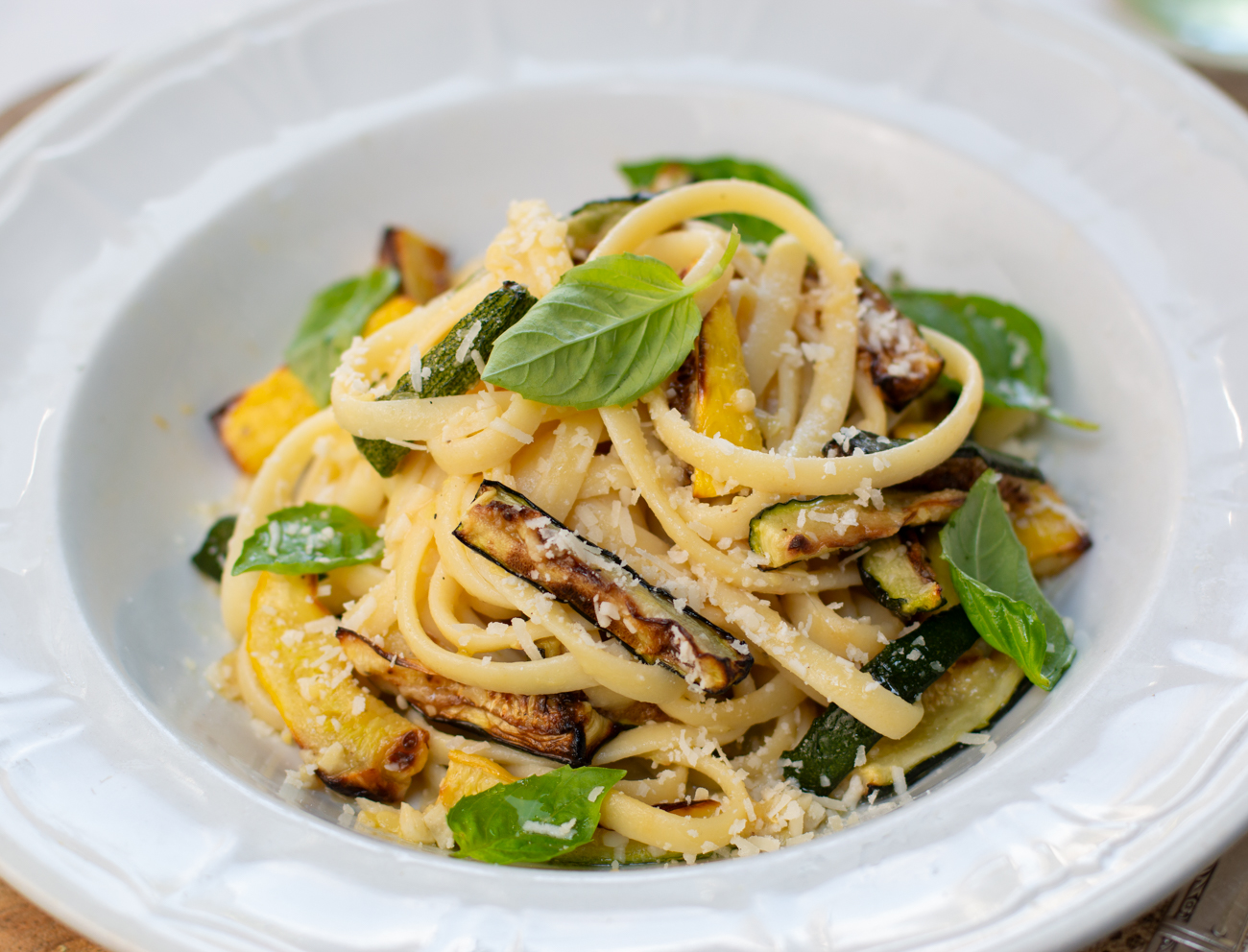 A finished serving of Karen's Spaghetti alla Nerano: Zucchini & Pasta Lightened-Up