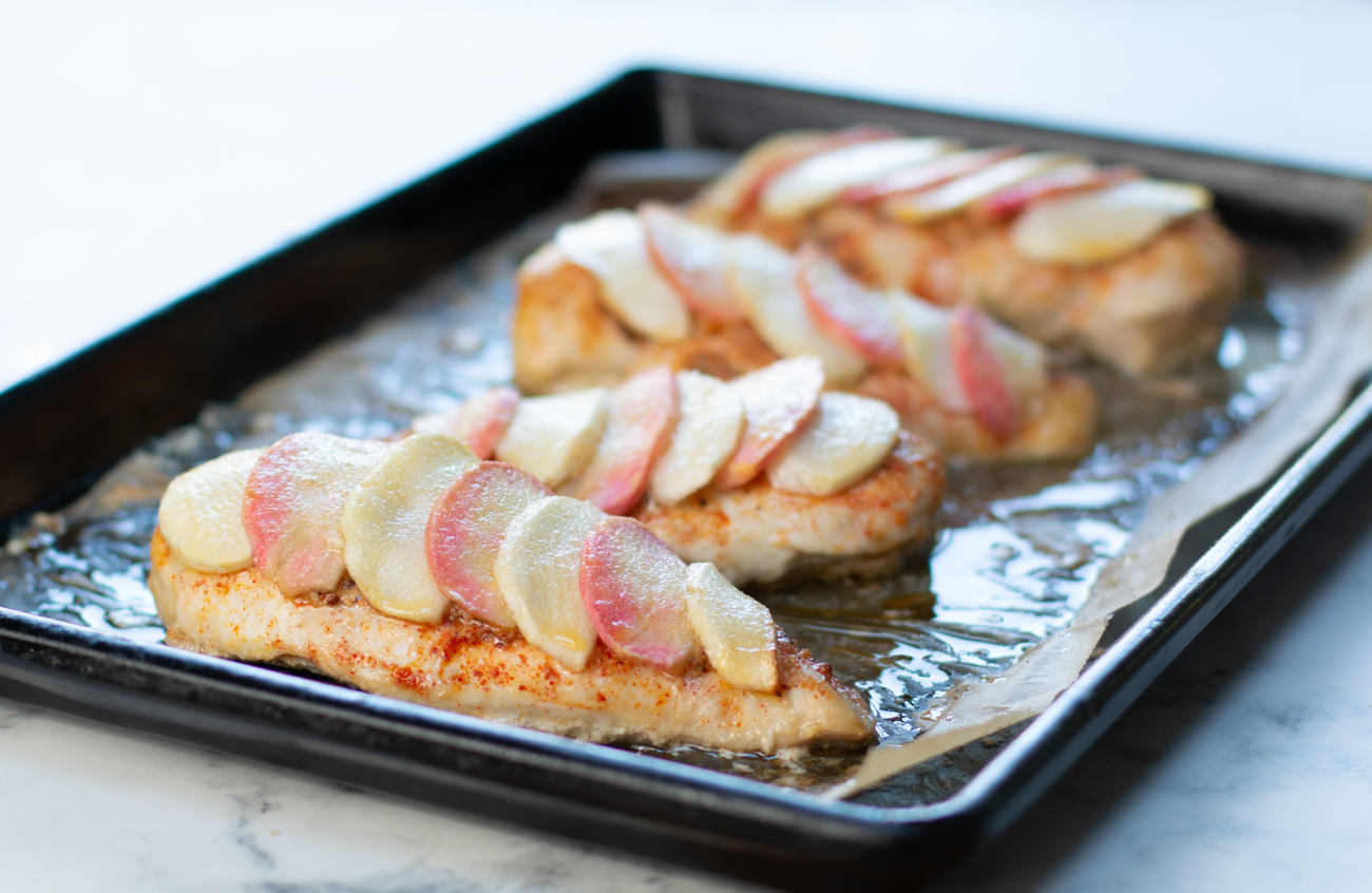 Karen's Easy Baked Chicken Breast with Mustard, Apples & Honey - out of the oven 