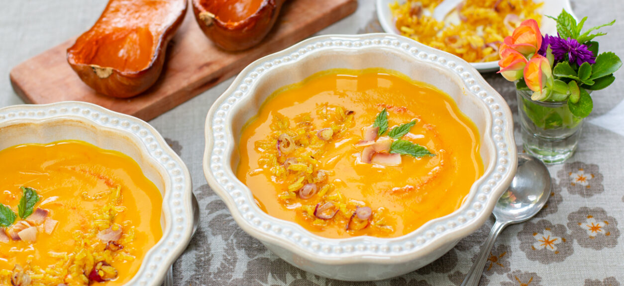 Thai Inspired Honeynut Squash Soup with a Toasted Rice Garnish