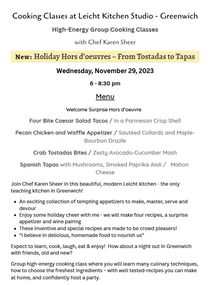 New Greenwich Cooking Class: Holiday Hors d'oeuvres - From Tostadas to Tapas