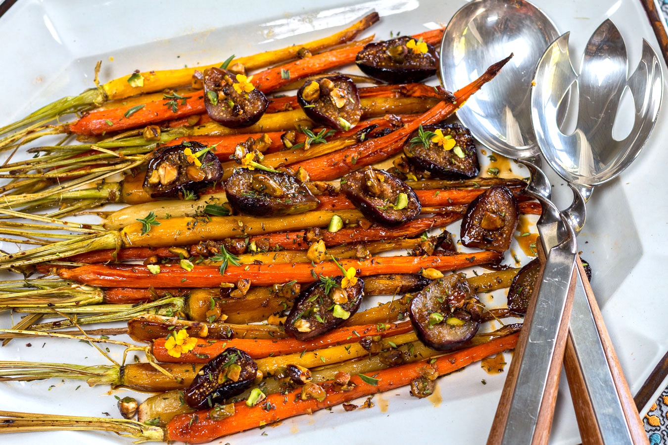 Roasted Carrots with Fresh Figs ~ Pomegranate Glaze and Pistachios
