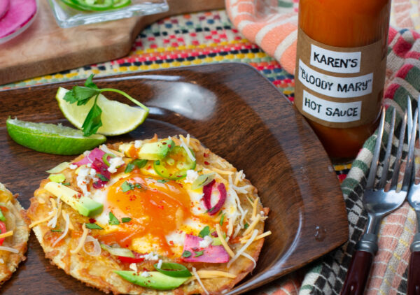 Breakfast Fried Egg Tacos with Karen's Bloody Mary Hot Sauce