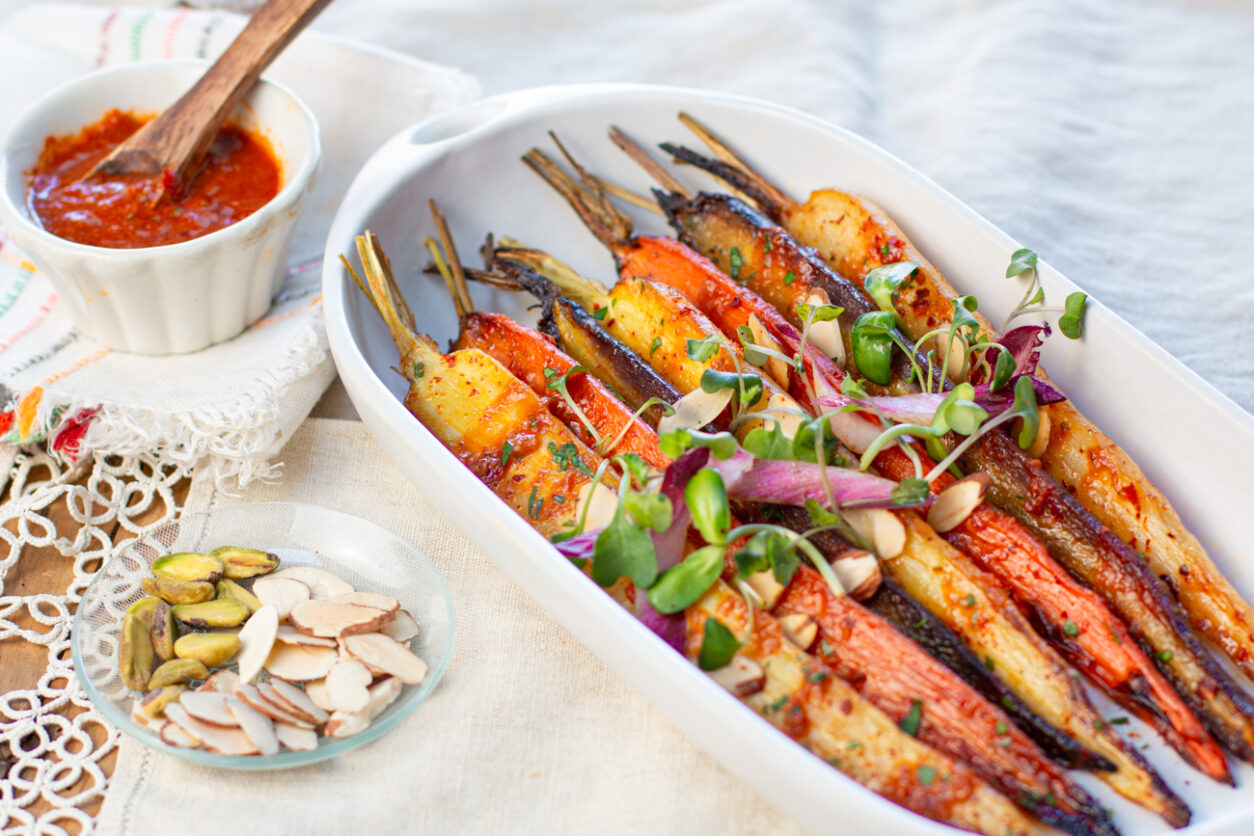 Moroccan Roasted Rainbow Carrots with Harissa Vinaigrette