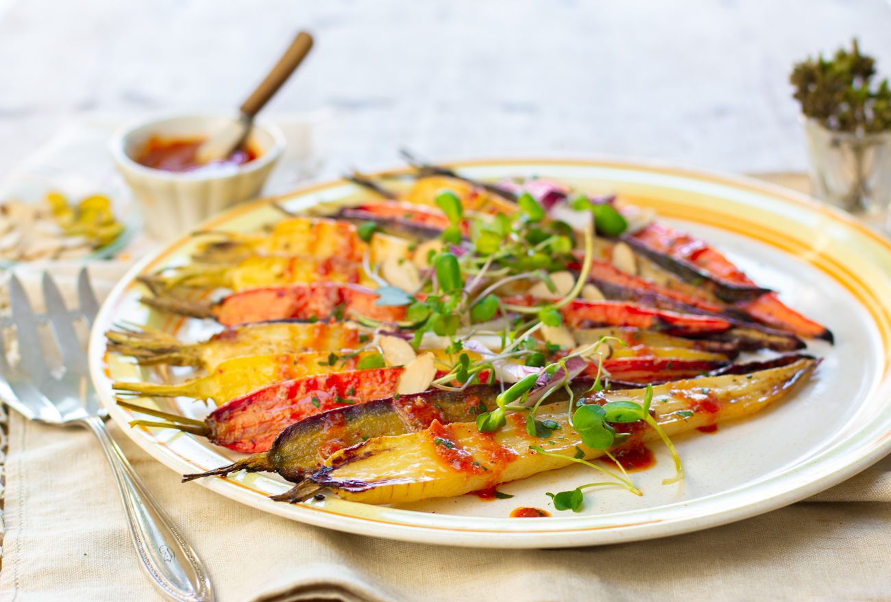 Moroccan Roasted Rainbow Carrots with Harissa Vinaigrette