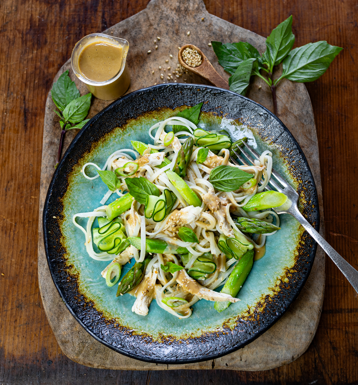 Asparagus Rice Noodle & Pulled Chicken Salad with Creamy Sesame Dressing